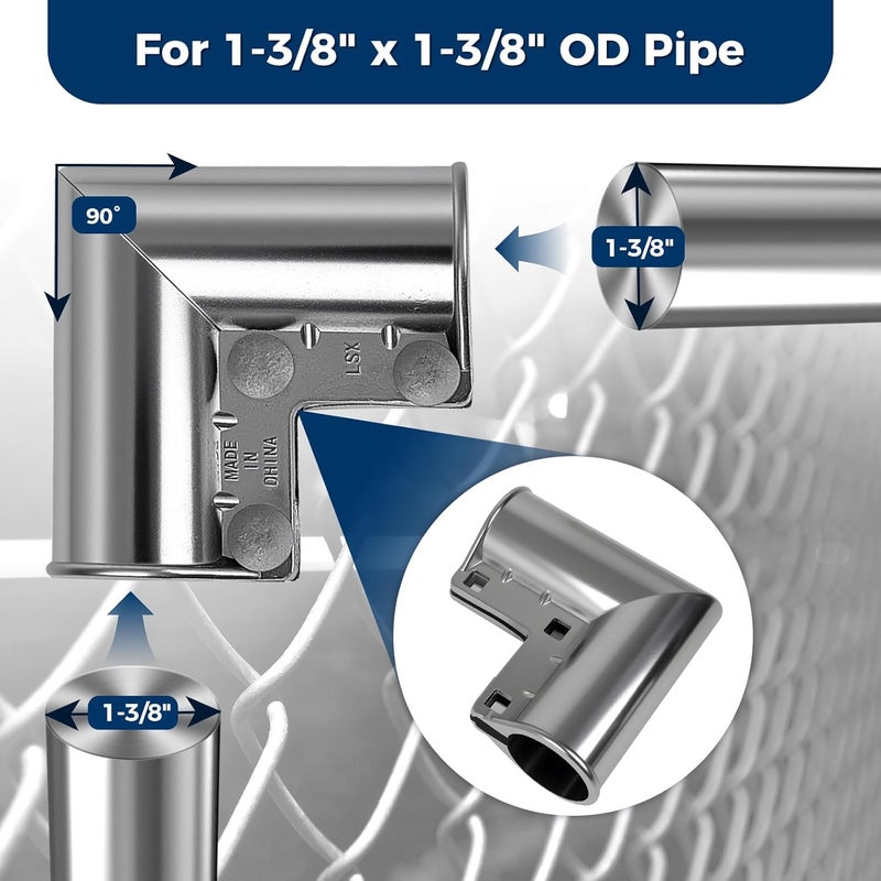 ranwin Aluminum Chain Link Fence Gate Corners for 1-3/8" x 1-3/8" OD Pipe, 90 Degree Gate Elbow Kit with Gloves, Bolts and Nuts, 8 Pack - Image 3